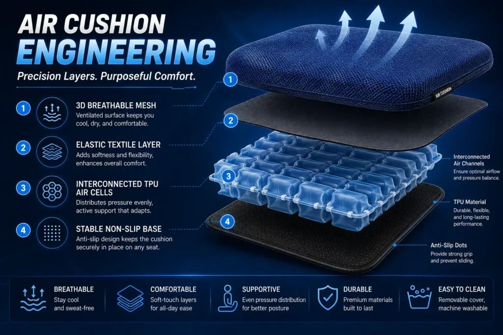 Multi-layer construction of an adjustable air seat cushion