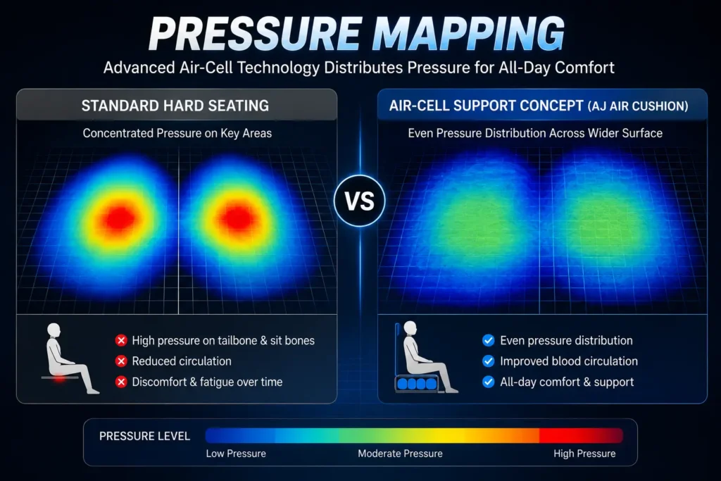 Air cell seat cushion pressure redistribution and seated interface biomechanics
