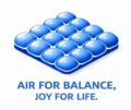 Official logo of AJ Air Cushion on a clean white background. The logo features a 3D isometric illustration of a square blue seat cushion made up of a 4 by 4 grid of glossy, inflated bubble-like air cells that reflect light. Below the illustration, the brand slogan "AIR FOR BALANCE, JOY FOR LIFE." is printed in bold, uppercase blue lettering.