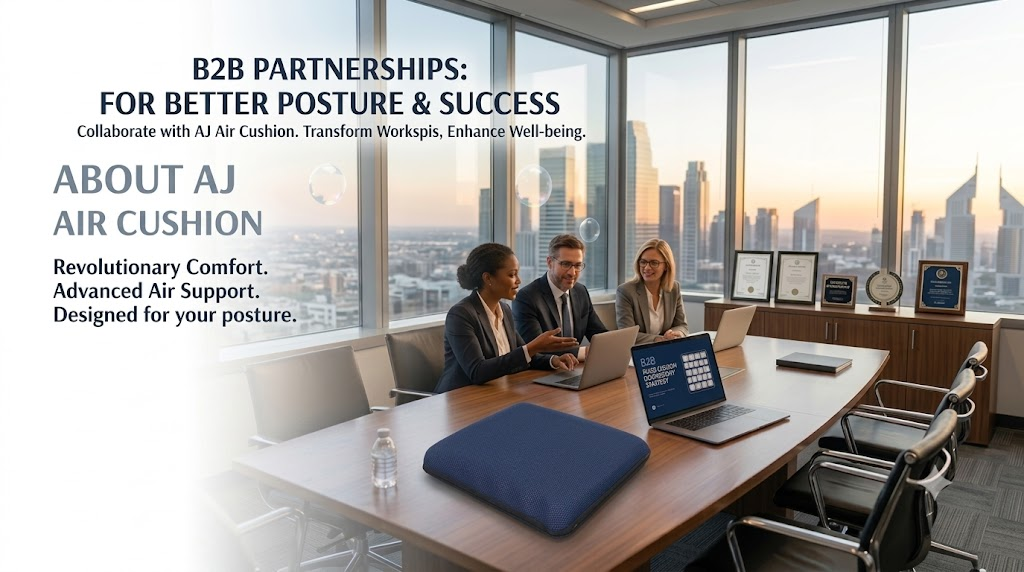 AJ AIR CUSHION B2B partnership meeting with the blue air cushion displayed in a modern U.S. office