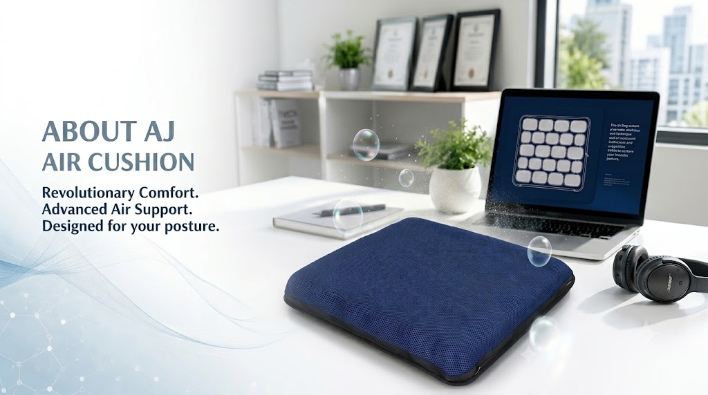 About Us About AJ AIR CUSHION — the blue adjustable air cushion presented in a modern product development workspace