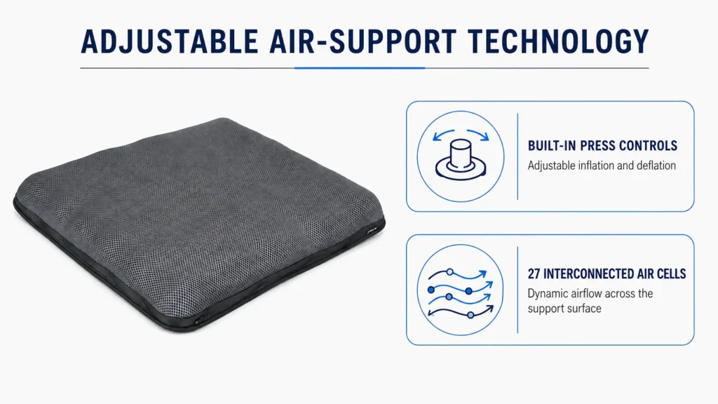 Gray AJ air seat cushion with built-in press controls and 27 interconnected air-cell technology.