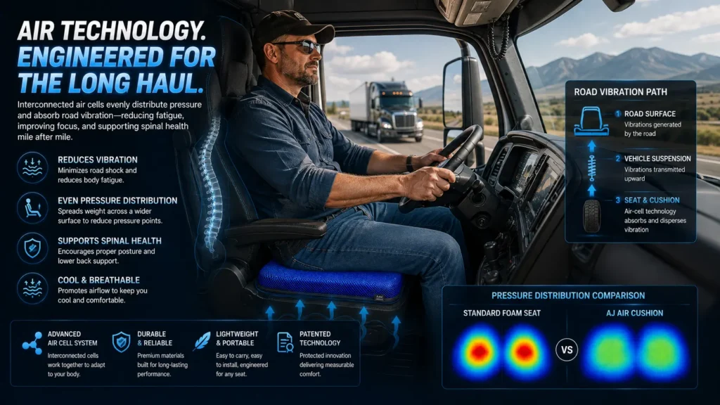 Commercial truck driver seating ergonomics with adjustable air seat cushion