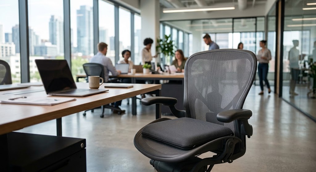 Beyond Static Foam: The Biomechanical Case for Dynamic Air Seating in Corporate Ergonomics A grey AJ air cushion on an ergonomic mesh office chair inside a modern open-plan corporate workplace.