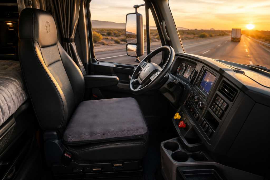 A grey AJ air cushion installed on a semi-truck driver seat inside a cabin driving along a highway at sunset.