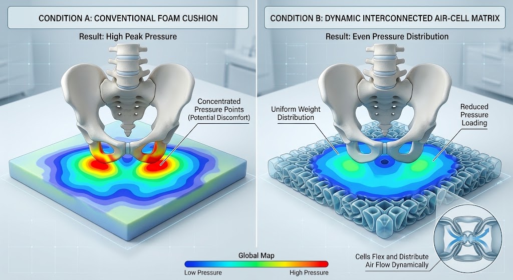 A medical comparison graphic showing high pressure on a foam cushion versus even pressure distribution on an interconnected air-cell matrix cushion.