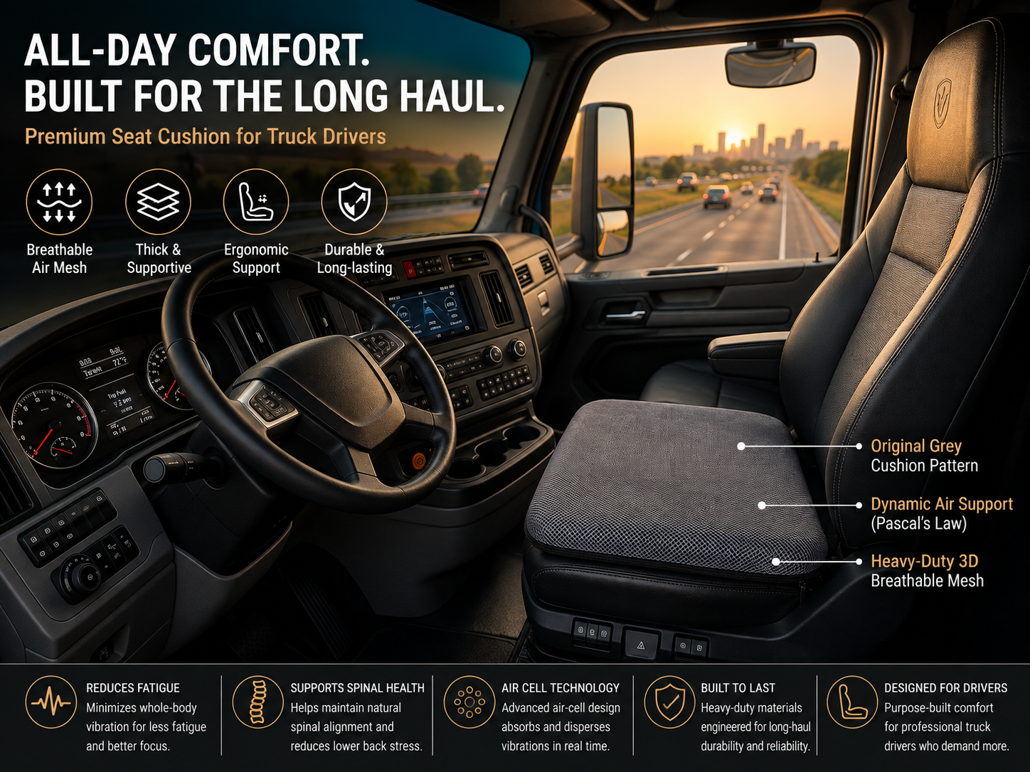 Mitigating Whole-Body Vibration (WBV) and Spinal Strain in Commercial Fleet Drivers aj air cushion original grey truck driver seat cushion banner.jpg