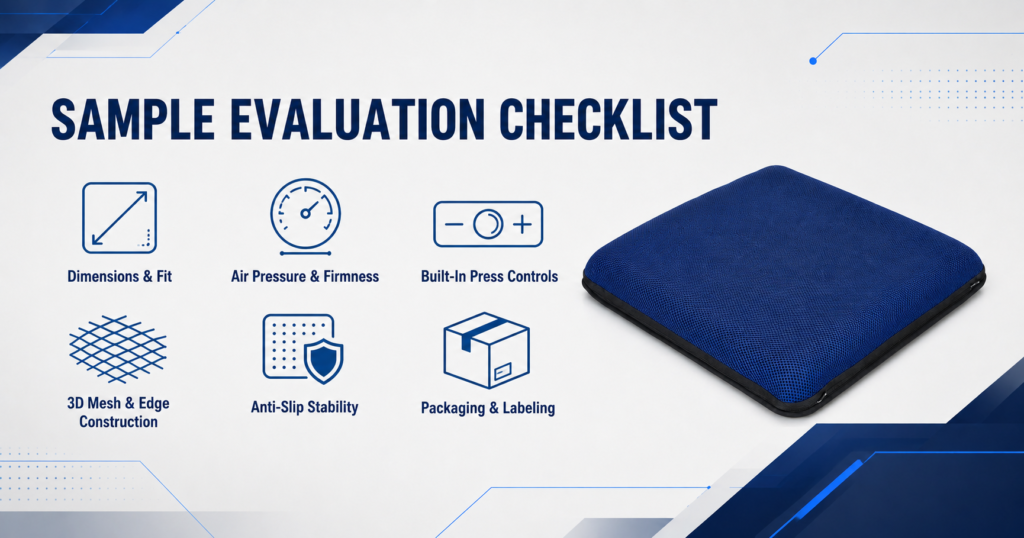 AJ AIR CUSHION sample evaluation checklist for dimensions, air pressure, controls, mesh, stability and packaging