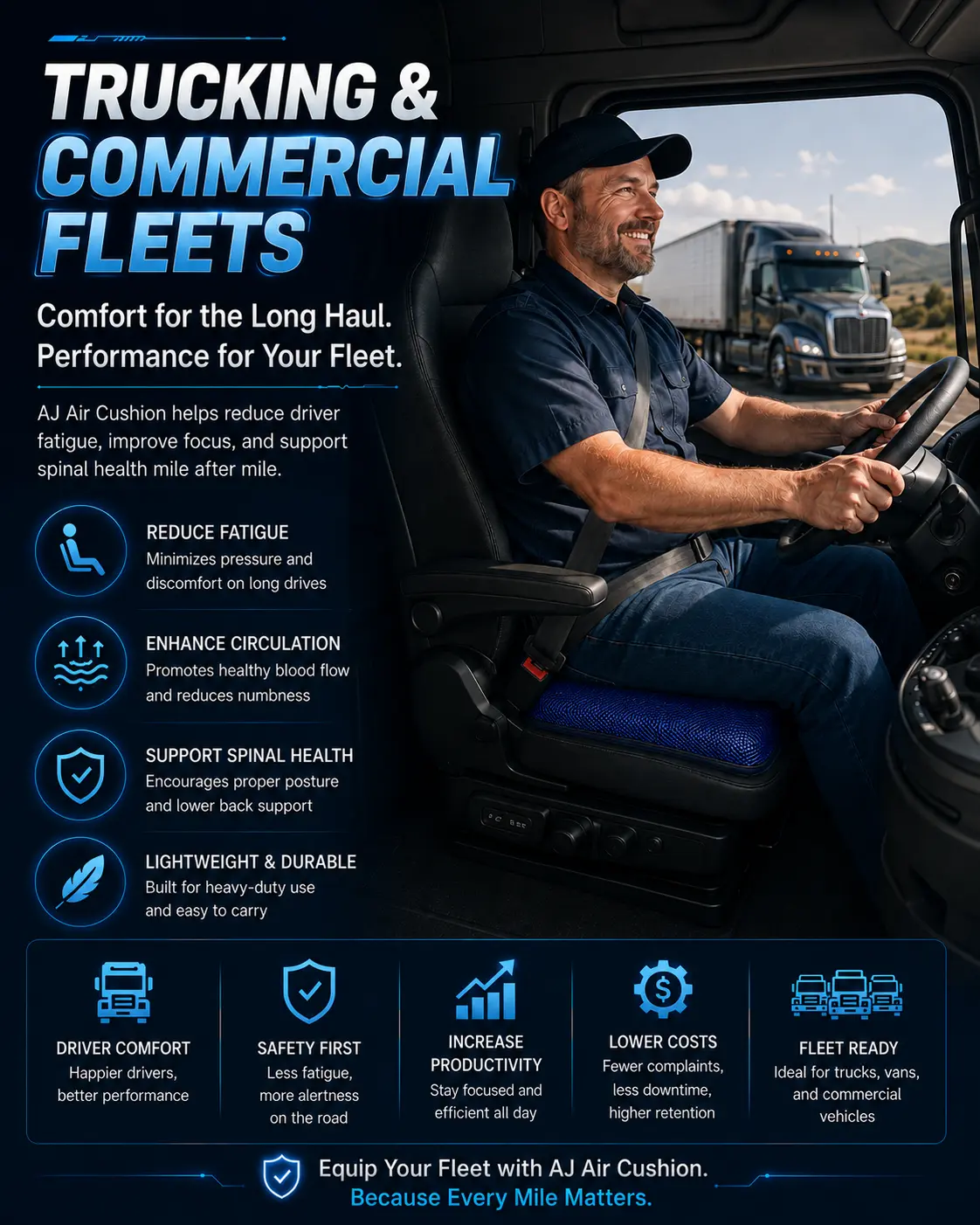 aj air cushion trucking and commercial fleets driver seat cushion banner.jpg