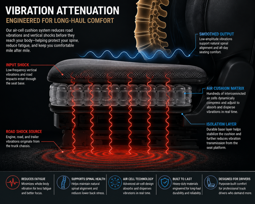 An infographic explaining vibration attenuation in an AJ air cushion, showing how interconnected air cells absorb truck road shocks to protect the spine