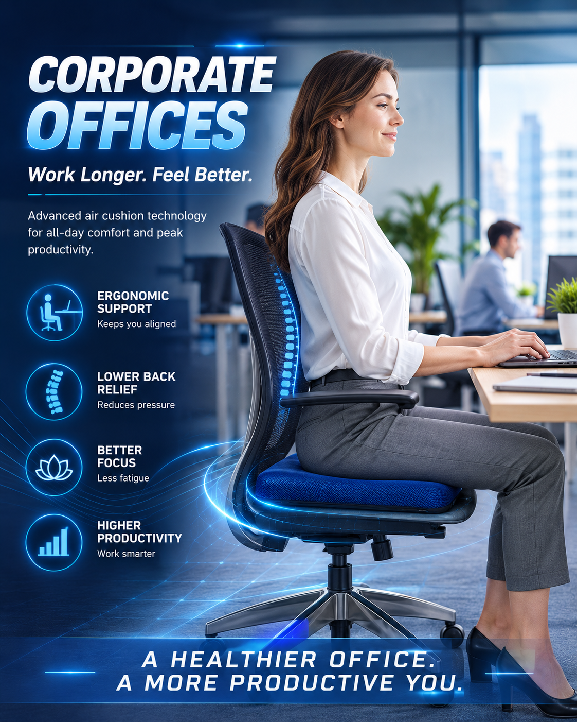 Office professional seated on an AJ Air Cushion