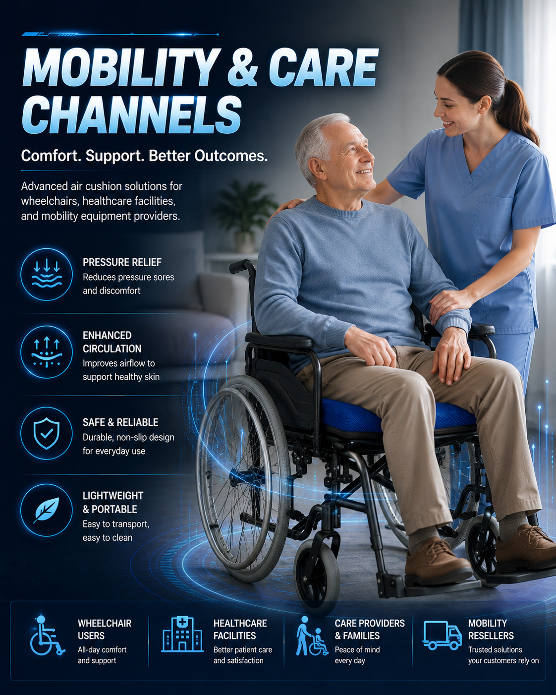 Wheelchair user supported by an AJ Air Cushion