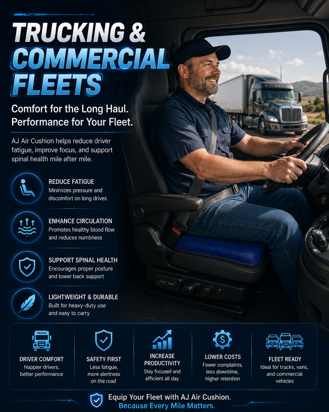 Professional truck driver seated on an AJ Air Cushion