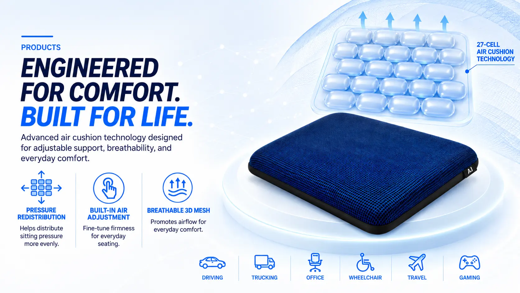 AJ AIR CUSHION 27-cell air seat cushion with adjustable air support, breathable 3D mesh and pressure redistribution technology