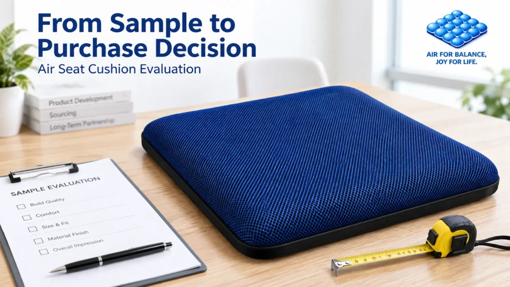 Blue AJ air seat cushion with a measuring tape and sample evaluation checklist on a desk.