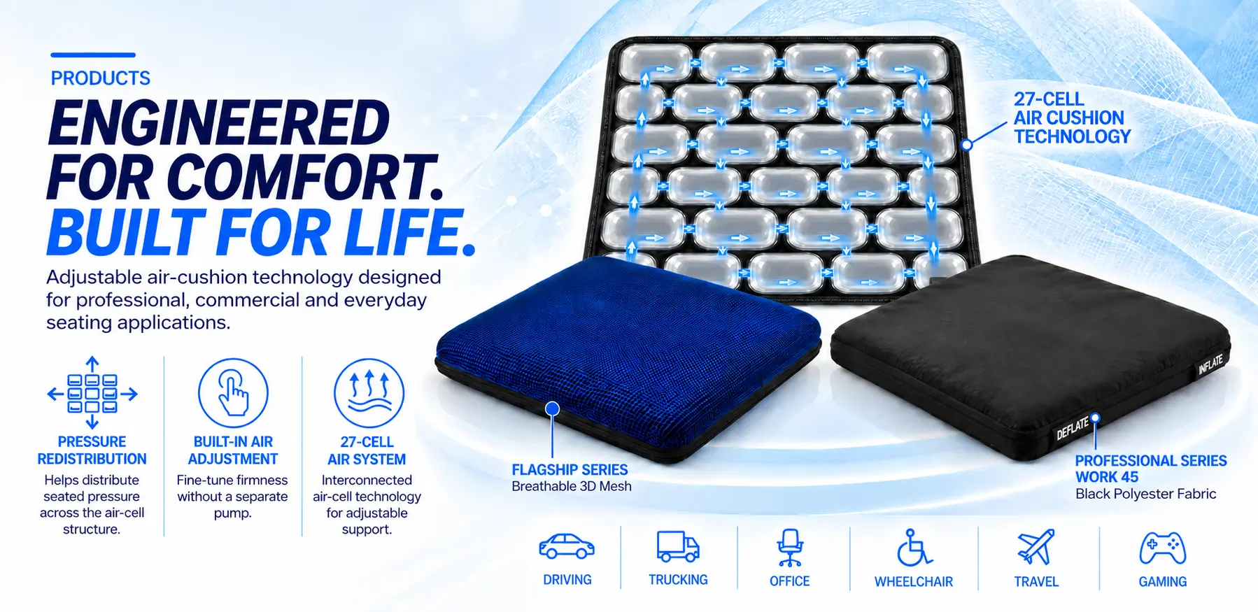 AJ AIR CUSHION adjustable air seat cushion platform featuring 27-cell air technology, Flagship 3D Mesh and Work 45 Professional Series