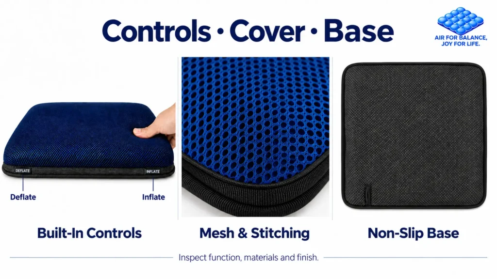 Close-up views of the AJ air seat cushion controls, mesh cover and non-slip base.