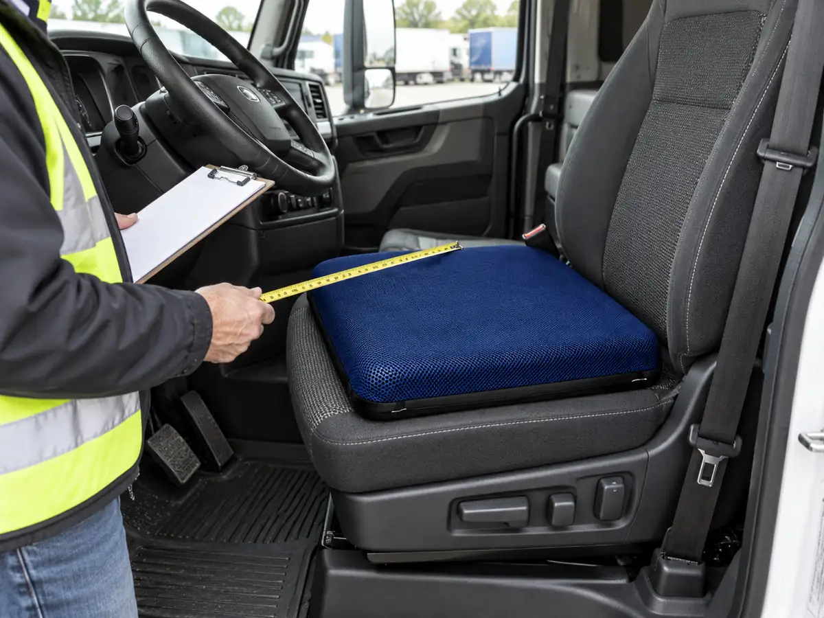 Fleet buyer measuring a navy blue air seat cushion on a commercial truck driver seat
