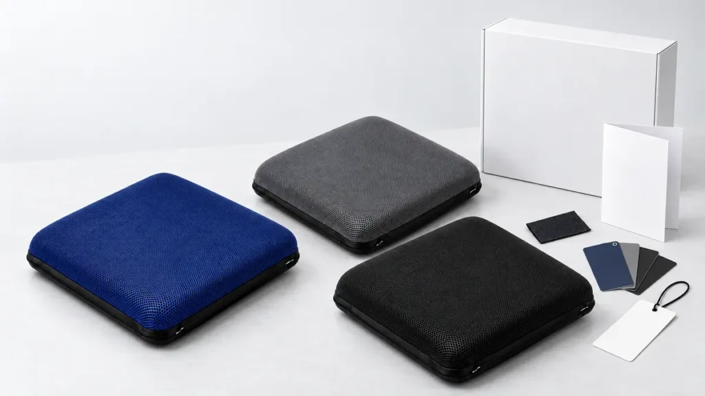  Private label air seat cushions in navy blue, slate gray and black with custom packaging materials