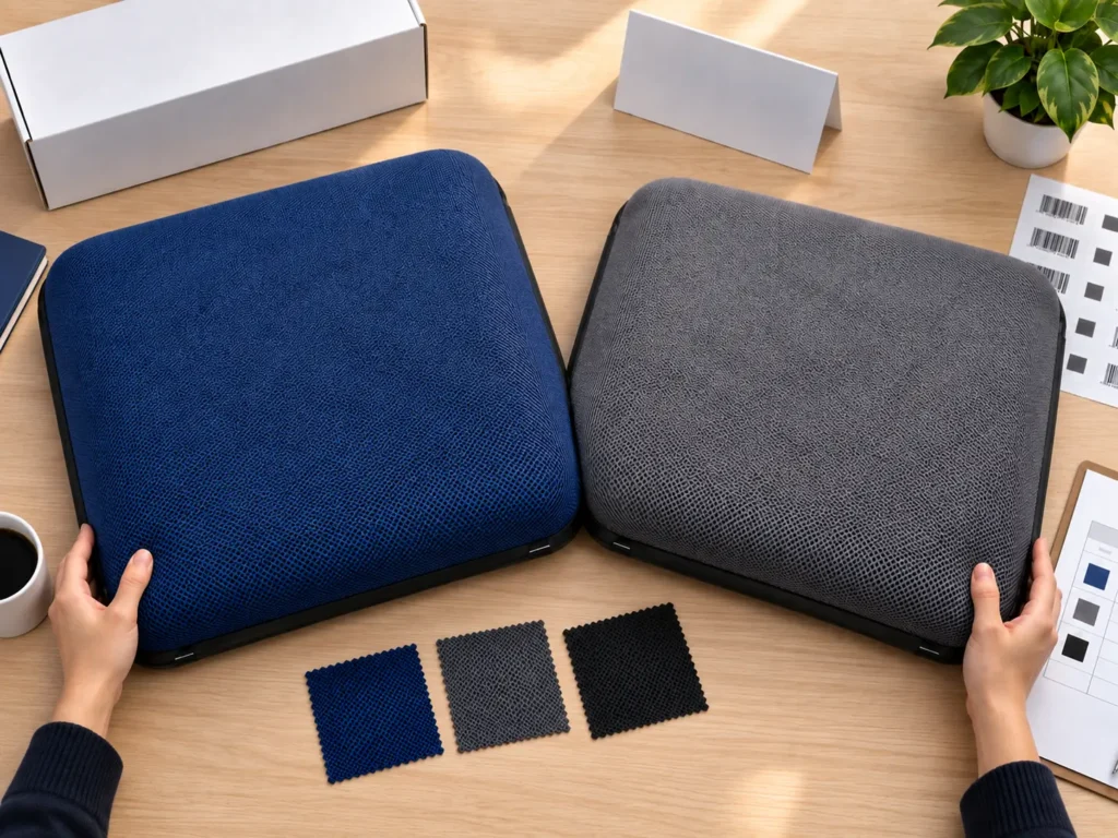 Wholesale buyer comparing blue and gray air seat cushions with color swatches and retail packaging