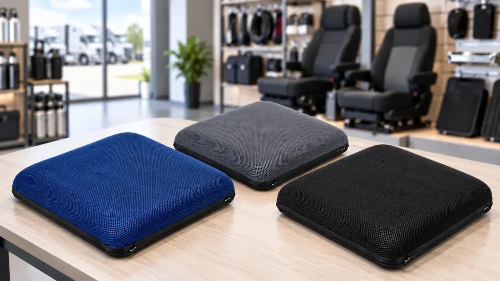  Navy blue, slate gray and black wholesale air seat cushions displayed in a truck-accessories showroom