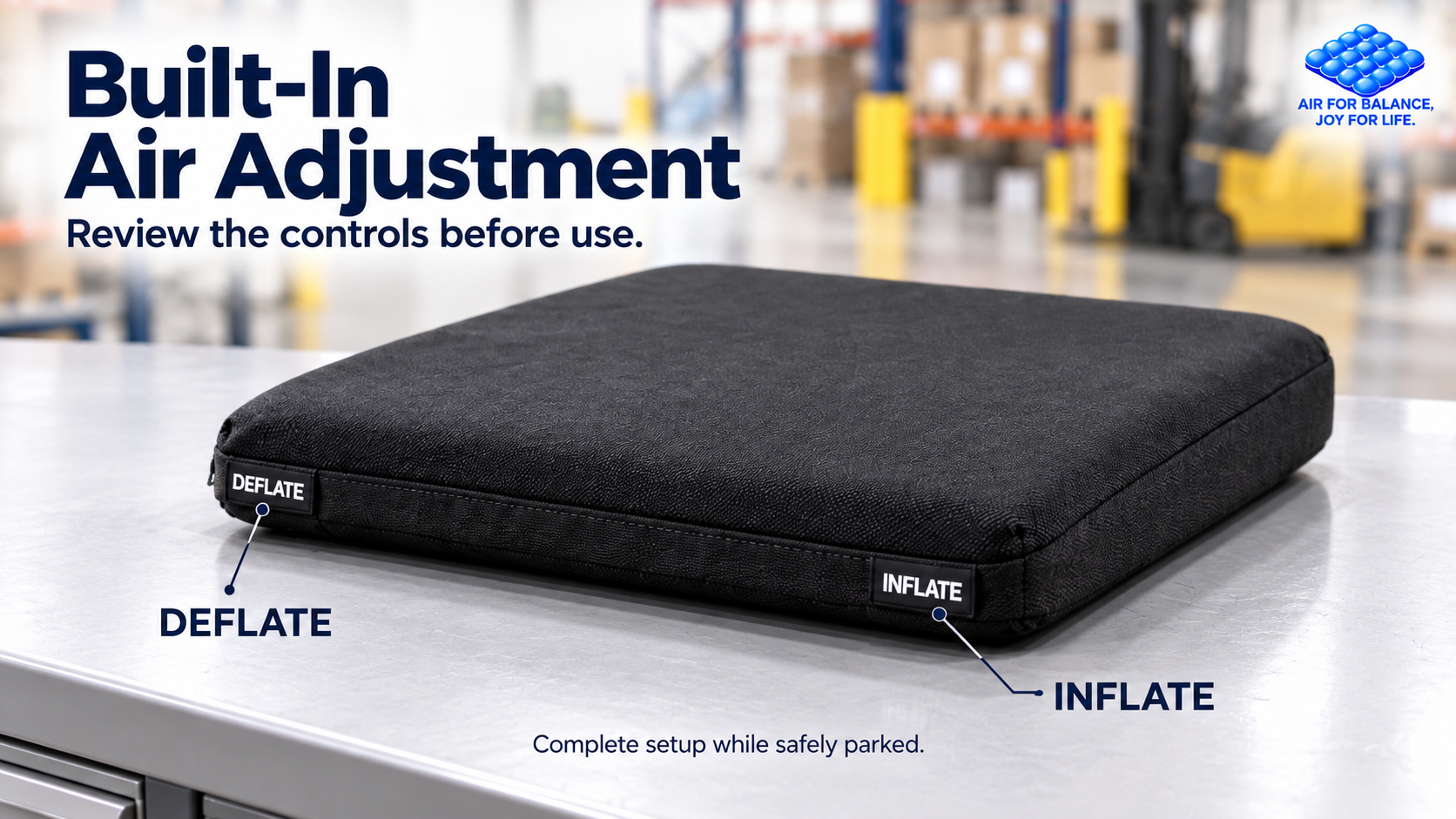 Black Work 45 air seat cushion showing the built-in inflate and deflate control labels.