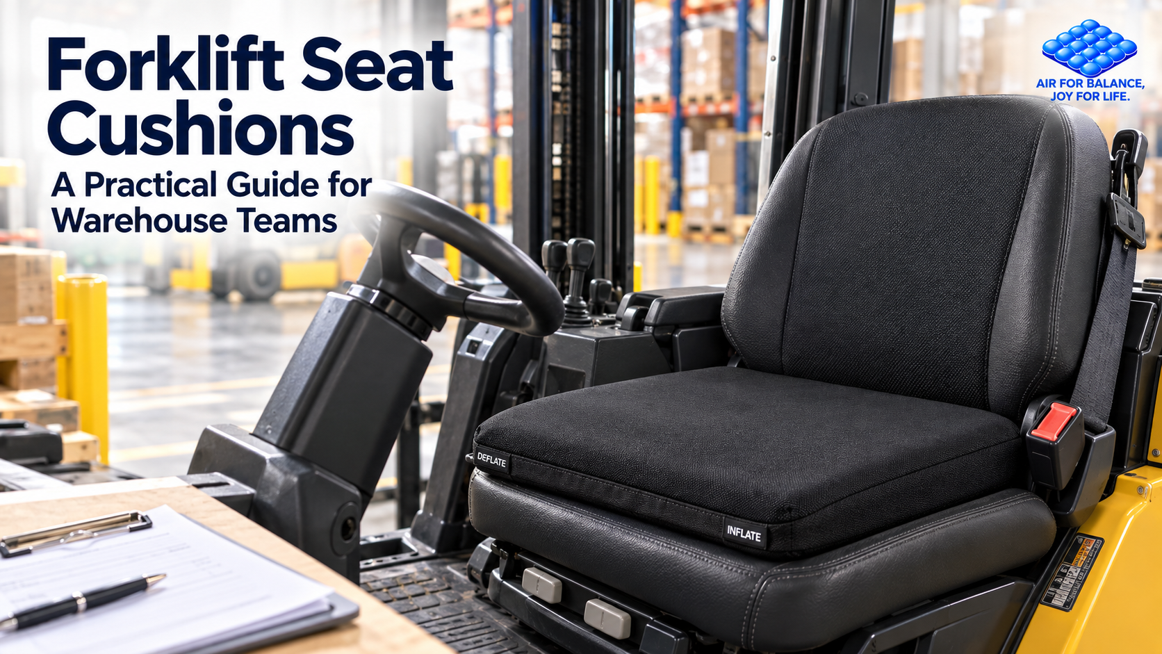 Black AJ AIR CUSHION Work 45 seat cushion on a parked sit-down forklift in a warehouse.
