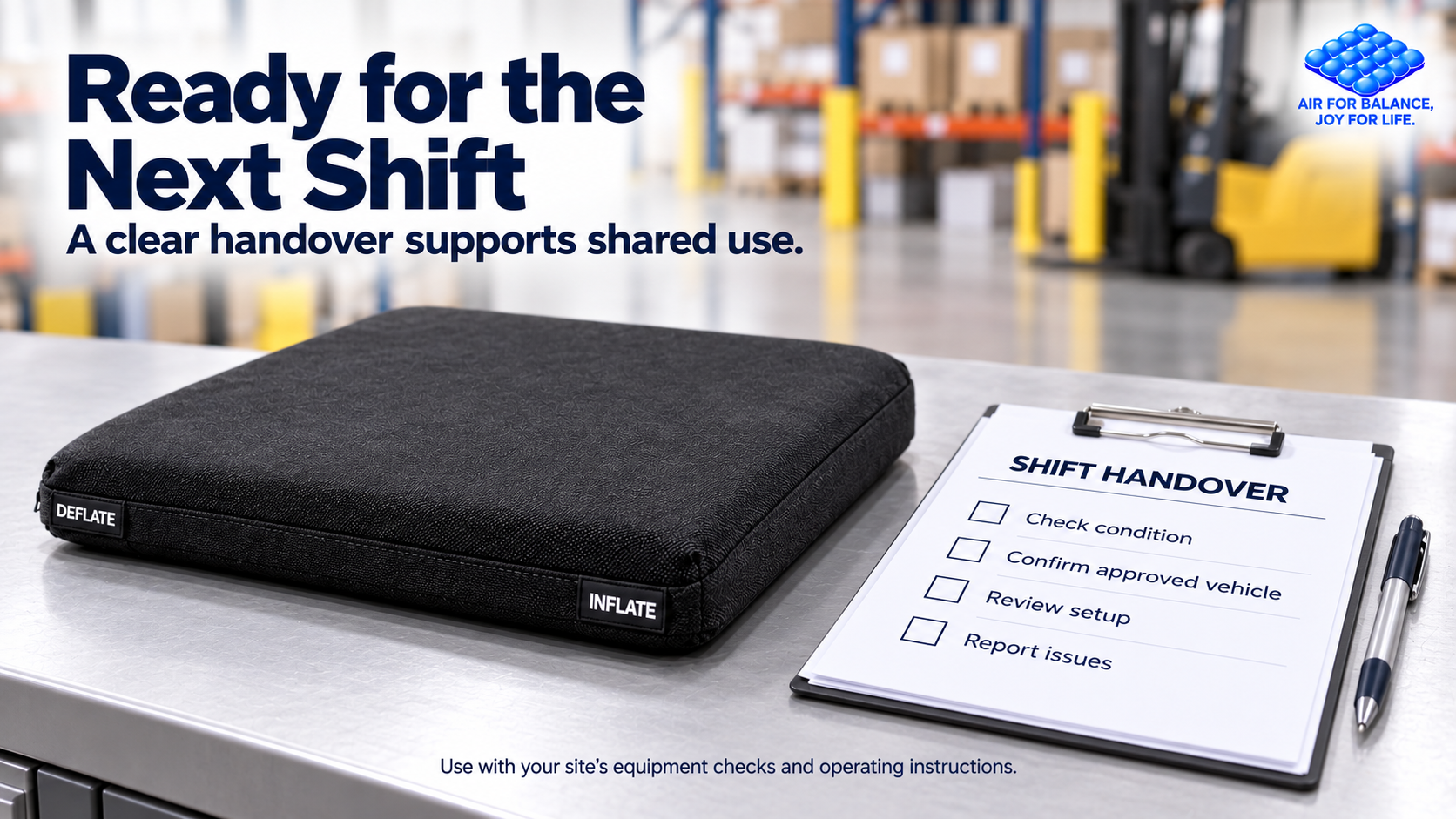 Black Work 45 seat cushion beside a warehouse shift handover checklist.