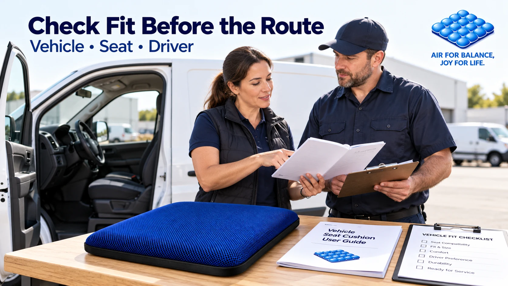 Fleet staff reviewing vehicle seat information and a blue air cushion sample beside a parked van