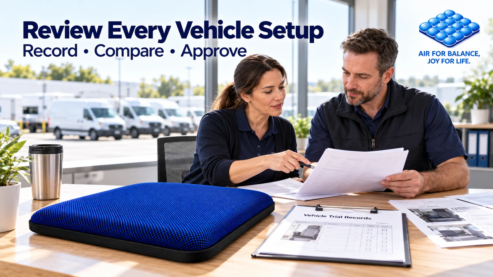 Operations team reviewing seat cushion trial records for delivery and service vehicles