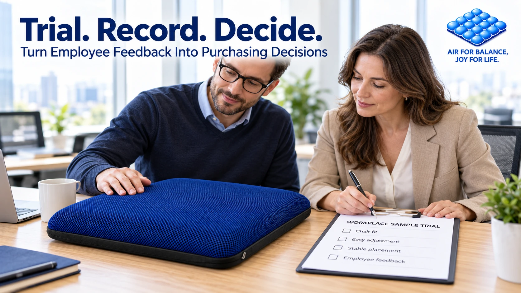 Office Seat Cushions: A Practical Buying Guide for Workplace Teams Workplace team reviewing a sample trial checklist beside a blue AJ AIR CUSHION seat cushion