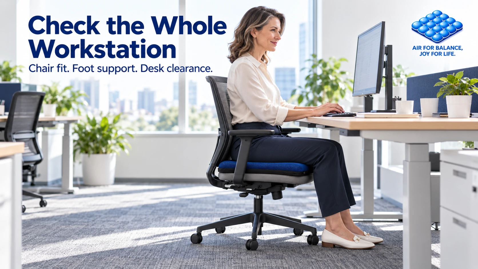 Office Seat Cushions: A Practical Buying Guide for Workplace Teams Office employee seated on a blue air cushion with feet supported and clearance beneath the desk