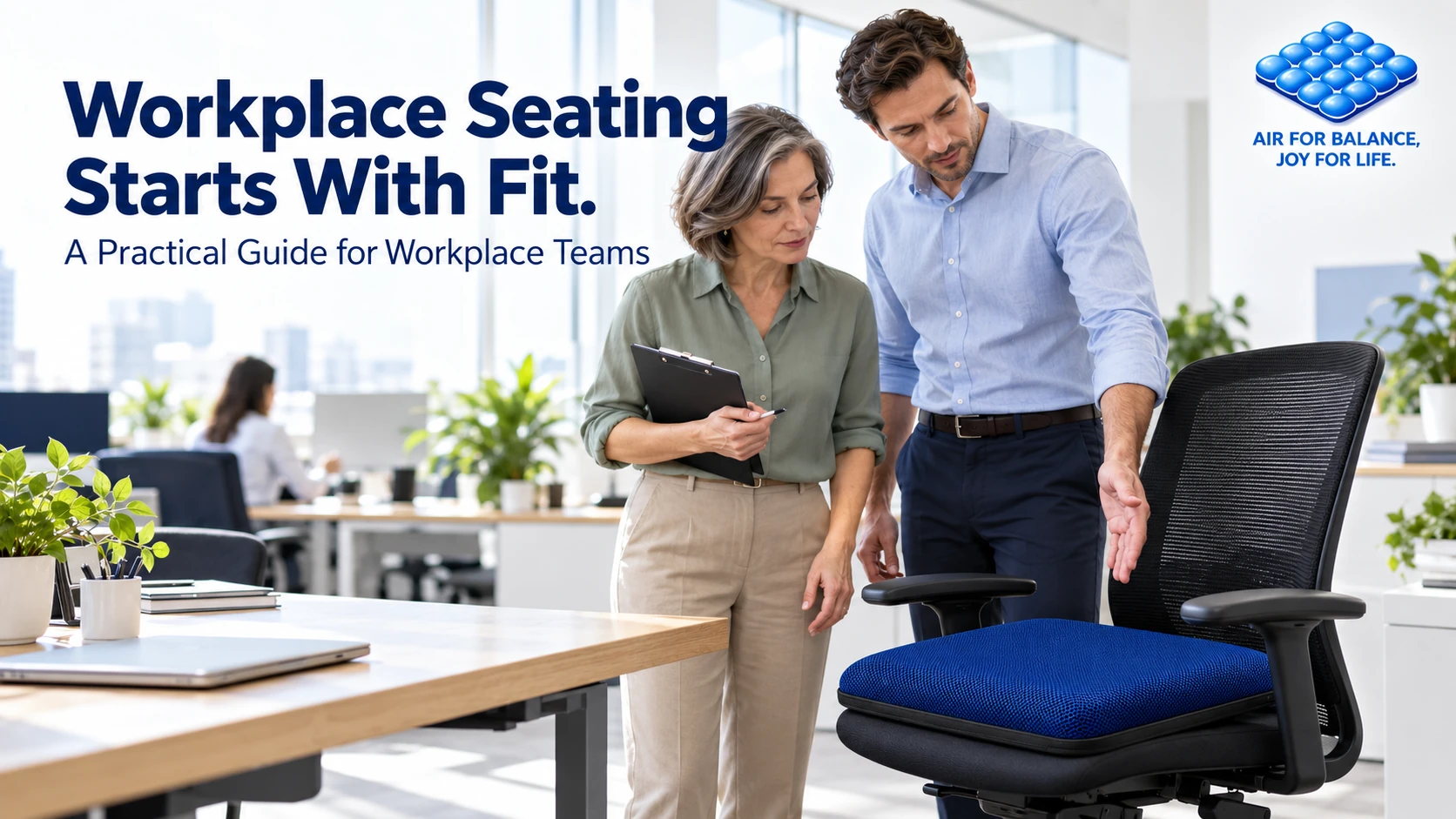 Workplace managers evaluating a blue AJ AIR CUSHION seat cushion on an adjustable office chair